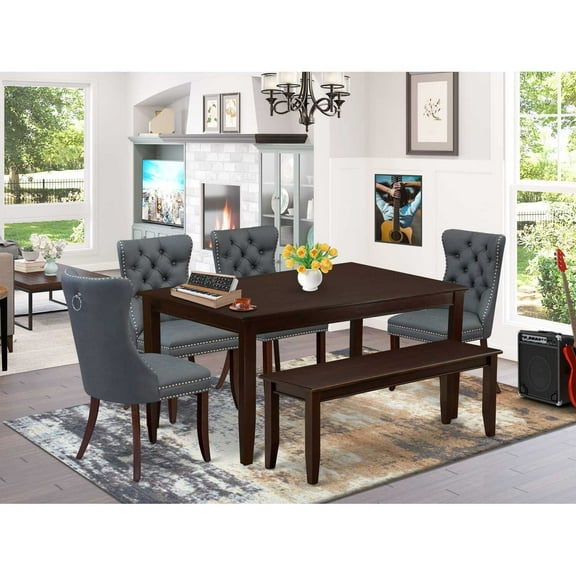 Sleek 6 Piece Dining Set - Rectangle Table, 4 Chairs & Bench - Mahogany Finish
