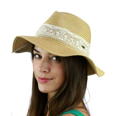 C.C Women's Paper Woven Panama Sun Beach Hat with Lace Trim,