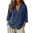 thumbnail image 5 of Only Moment Womens Tops 3/4 Sleeve V Neck Linen Blouses Business Casual Tops Zip Front V Neck Work Shirts Loose Fit Tunic Tops Navy,XL, 5 of 7