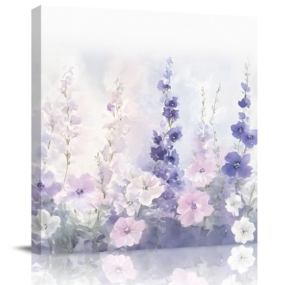 Wall Art Prints, Lavender Framed Canvas Prints for Bedroom Living Room Bathroom Office, Pastoral Pastel Purple Pink Wildflower Gallery Wrap Wall Art Poster for Gifts Home Decor 12"x12"