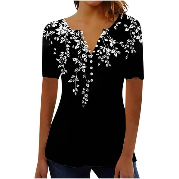 Womens Tops Short Sleeve Women's New Short Sleeve V-Neck Pleated Button Casual Print