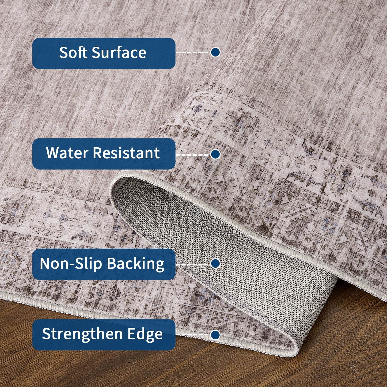 Hasoo Washable Bedroom Border Area Rug 8' x 10' Rug for Living Room Polyester Taupe/Gray Stain-Resistant Indoor Carpet