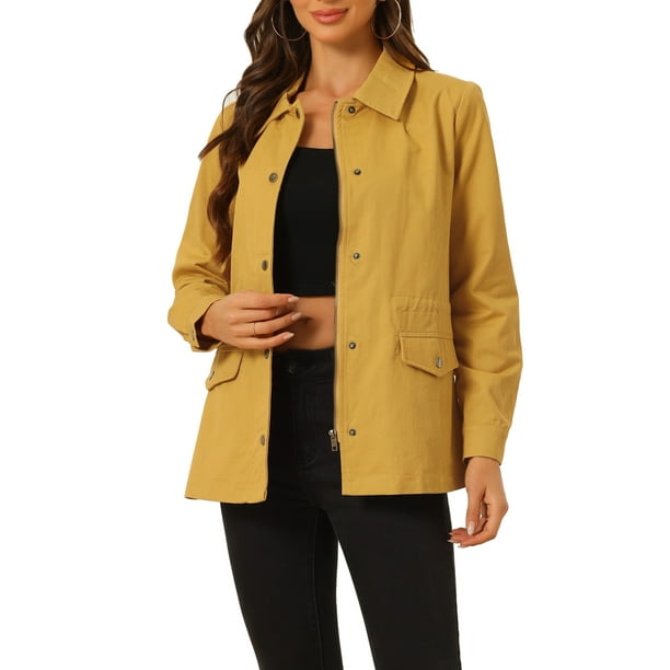 Chaquetas utilitarias para mujeres INSPIRE CHIC con cintura ajustable, bolsillos con solapa, chaquetas con cremallera y botón, color jengibre, talla L