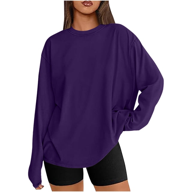 T-shirts Surdimensionnés pour Femmes Manches Longues Col Rond Chemise Décontractée Ample Tunique Couleur Unie Automne Basiques