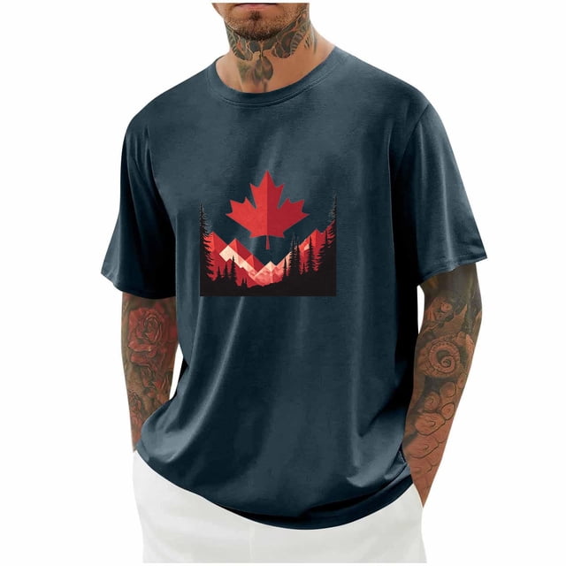 Weiqiqre T-Shirts pour Homme Drapeau Canadien Col Rond Chandail Doux Manches Courtes Blouses Col Rond
