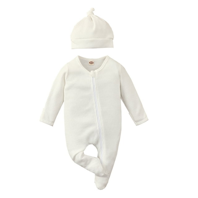 goowrom Babies Two-piece Clothes Set, Solid Color Round Collar Long Sleeve Footie and Cap, 0-24 Months