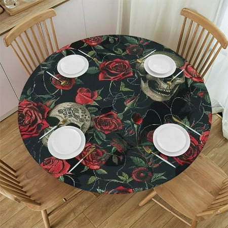 

BCIIG Skulls Roses Gothic Art Round Table Cover Stain Resistant Washable Indoor Outdoor Tablecloth Kitchen Dining Wedding Parties 100% Polyester Fiber 31-35