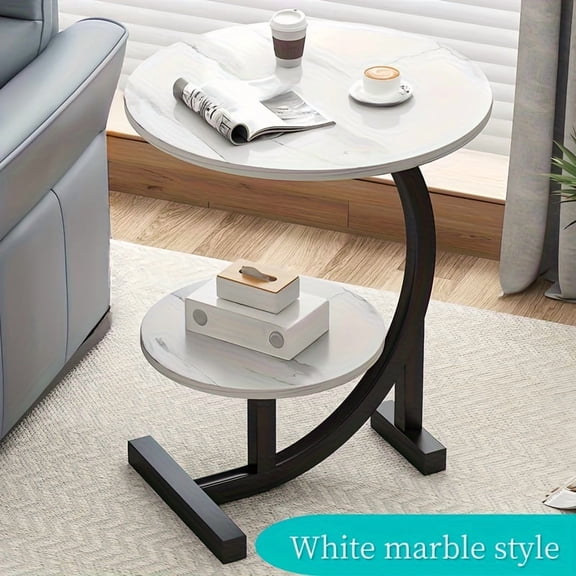 Modern Wrought Iron & Wood Side Table - Marble-Like Top with Storage Shelf for Living Room/Bedroom
