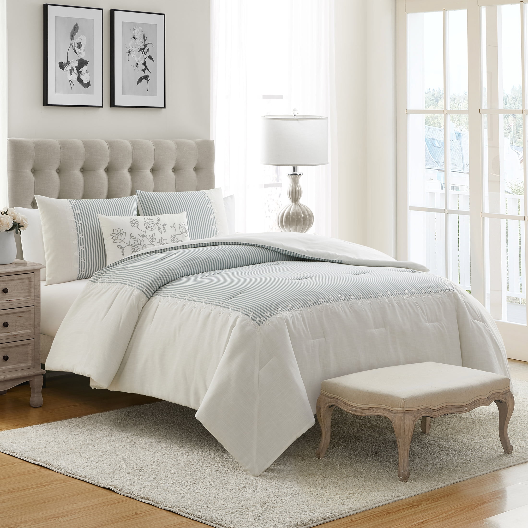 My Texas House Martha Sage Stripes 4-Piece Comforter Set, Full/Queen