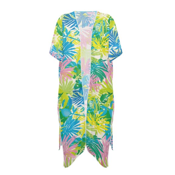 HELLHERO Polyester Long Kimono Swimsuit Cover Up for Beach Quick Dry Casual Palm Leaves