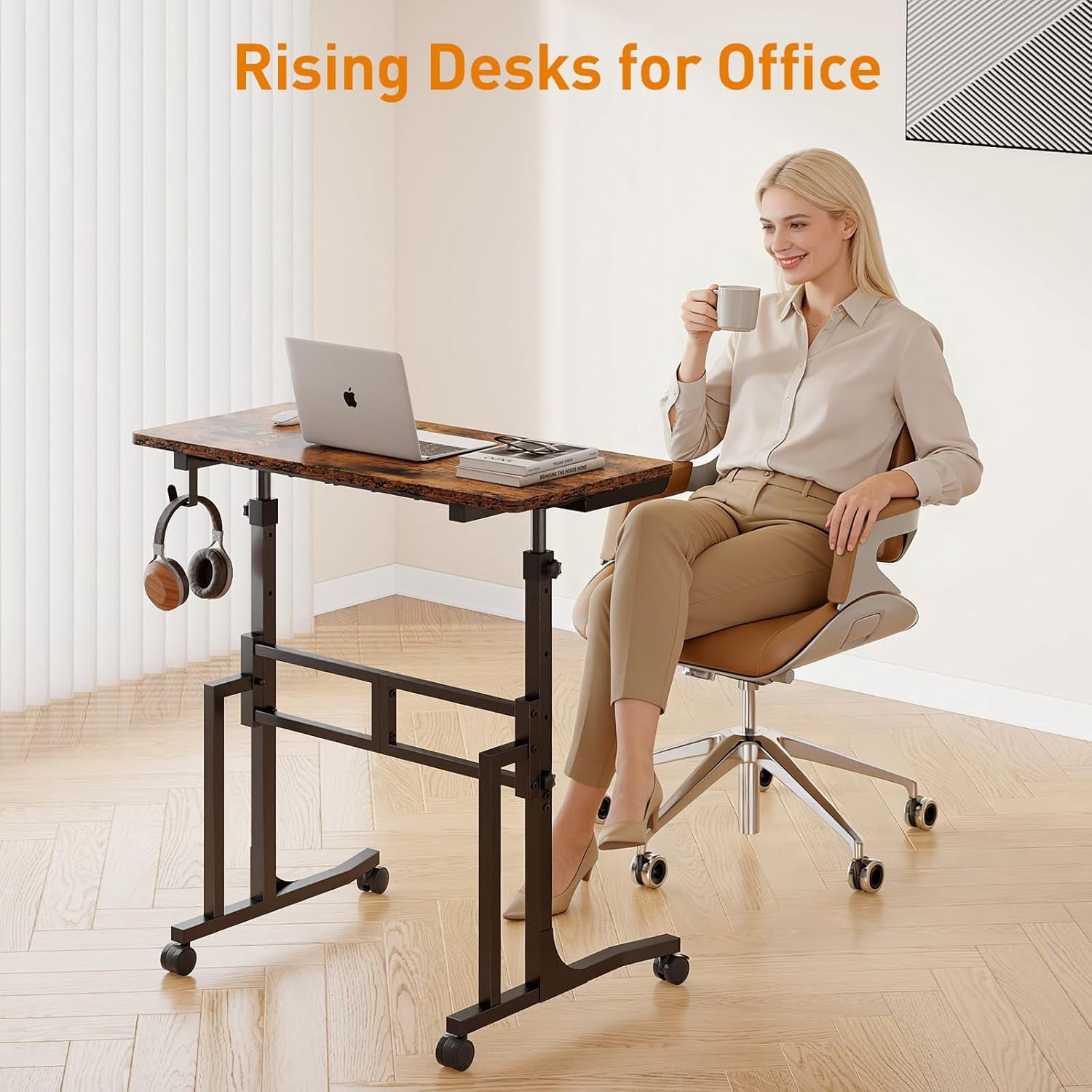 Standing Desk with Wheels Adjustable Treadmill Desk Rolling Bike Trainer Desk for Walking Pad Laptop Phone Standing Brown Ergonomic Home Office Workout Station
