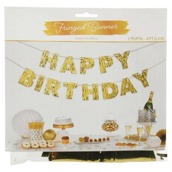 Golden Age Foil Fringe Birthday Banner   8ft Metallic Gold Letter Garland for Milestone Celebrations