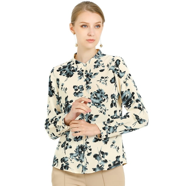 Blusa Floral Con Botones Mangas Largas Trabajo Oficina Para Mujer Beige M
