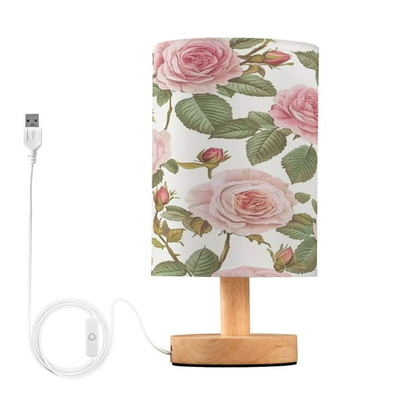 WOBOGO Light Pink Rose Bedroom Table Lamp USB Power Connector Wooden Base Round Linen Shade For Living Room Desk