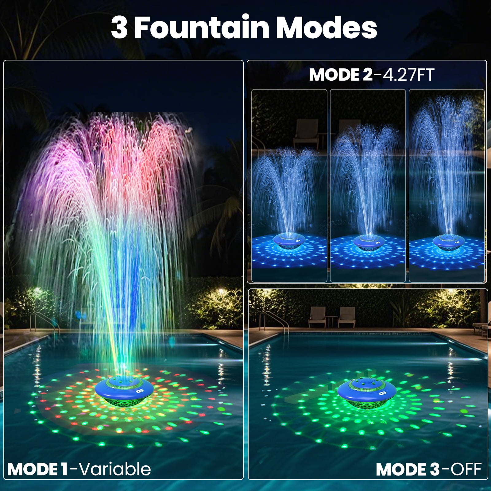 WARMTUYO Floating Pool Fountain with Light Show, Rechargeable with Remote, 9 Pool Light Modes & 3 Fountain Modes for Above Ground Pool, Pool Pond,Outdoor, Yard, Bird Baths