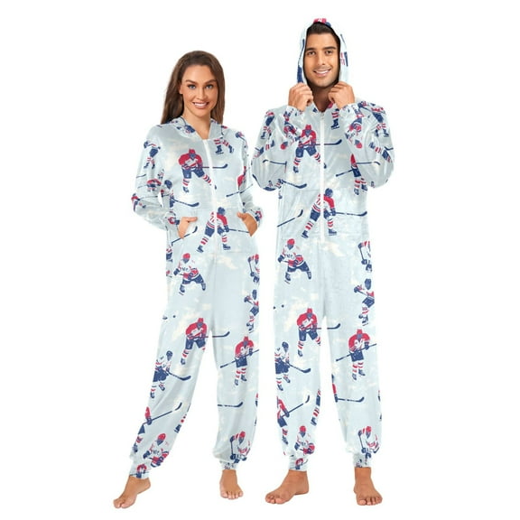 FORMRS Onesies Pajama for Adults Unisex Hoodie Winter Jumpsuit One Piece Sleepwear, Sizes S-2XL, Blue Ice Hockey