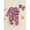 thumbnail image 2 of Suealasg Infant Girls Fall One Piece Bodysuits 3 6 12 Months Baby Girls Rompers Newborn Girls Long Sleeve Crew Neck Frills Zipped Floral Footies Jumpsuit and Headband, 2 of 7