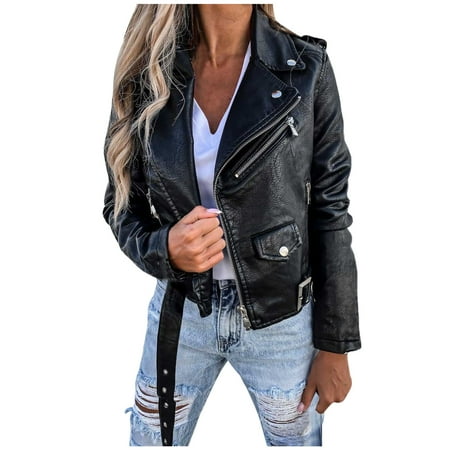 

Women s Lapel Motorcycle Leather Jacket Multi-Pocket Casual Fit Leather Jacket Slim Fit Full Zip Long-Sleeve Leather Coat