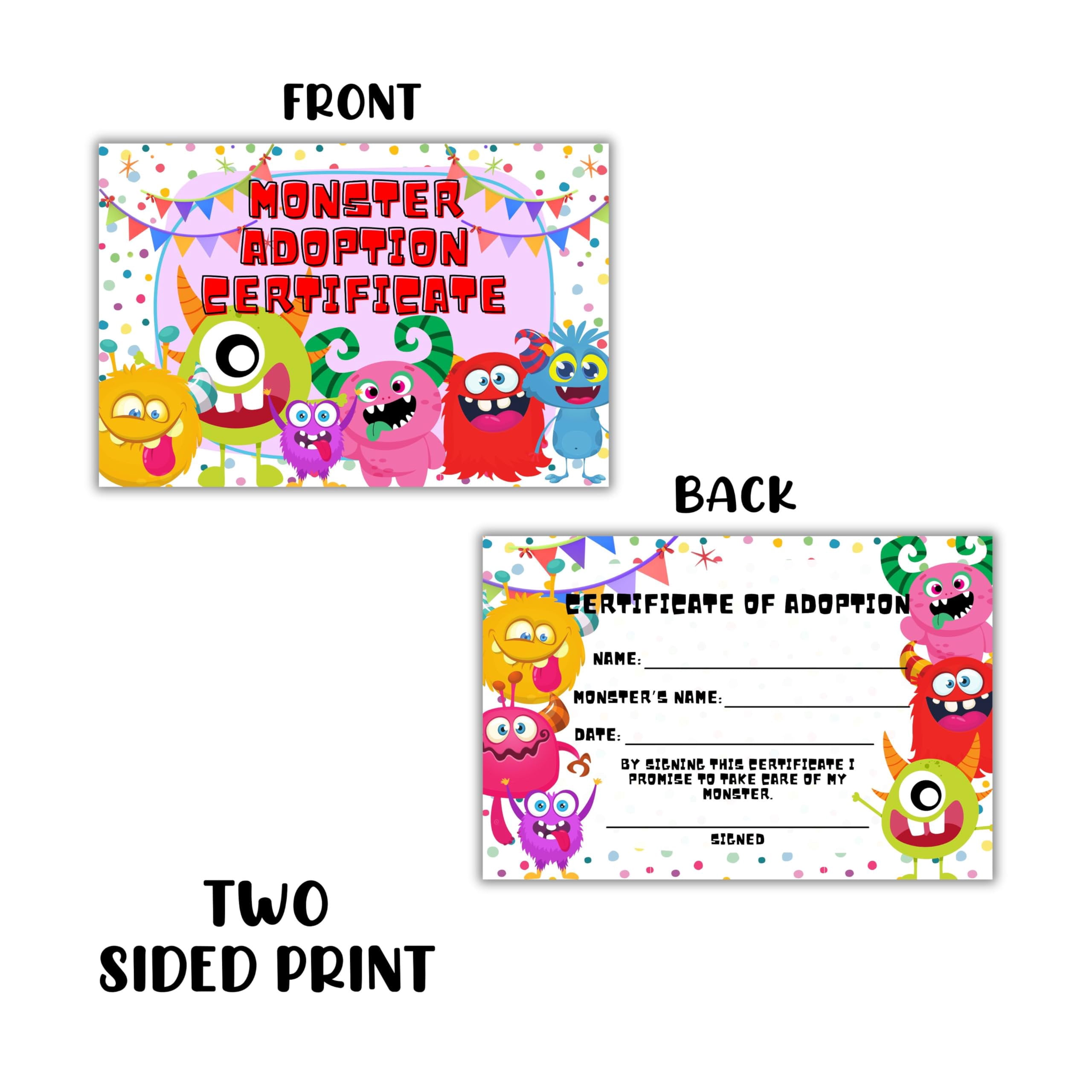 Monster Adoption Certificate Postcards 30 pack 4 x 6 Stress Animal ...