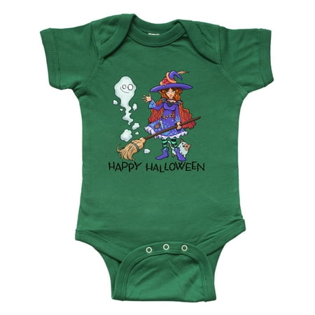 

Inktastic Happy Halloween Cute Witch with Patchwork Cat and Ghost Gift Baby Boy or Baby Girl Bodysuit