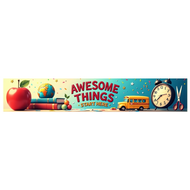 Colorful School Themed Banner with Apple Books Globe School Bus Awesome Things Start Here Text Party Decorations Backdrop for Classroom Celebrations School Events Photo Props Kids Parties