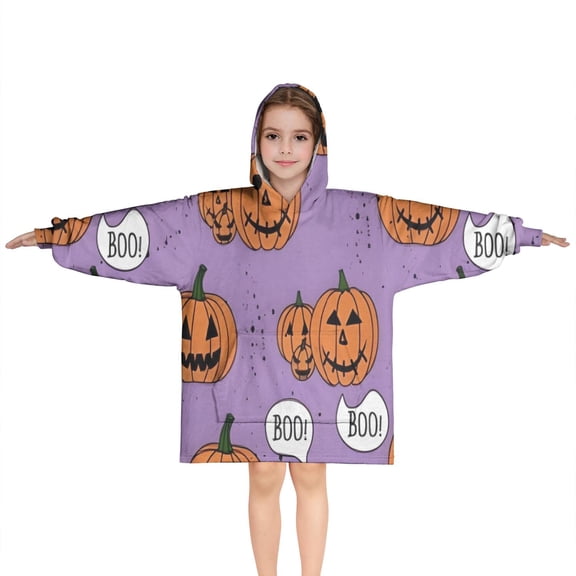 Purple Halloween Pumpkins with Boo Blanket Hoodies for Kids 6-13YR Oversize Wearable Blanket Hoodies for Boys Girls Teens