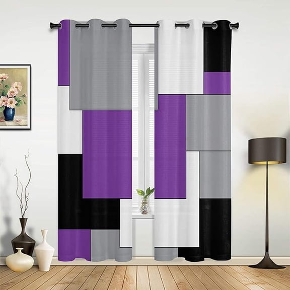 Abstract Art Blackout Window Curtain, Purple Black Gray Lattice Print Blackout Curtains, 2 Panel Grommet Thermal Insulated Curtain For Bedroom Living Room 26"W x 45"L (Pack of 2)