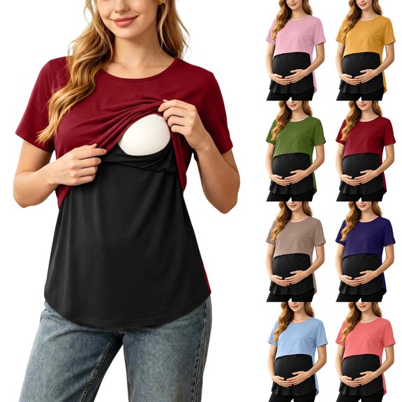 Hxshgdsn Womens Maternity Double Layer Nursing Top Short Sleeve Patchwork Round Neck for Breastfeeding(Wine/L)