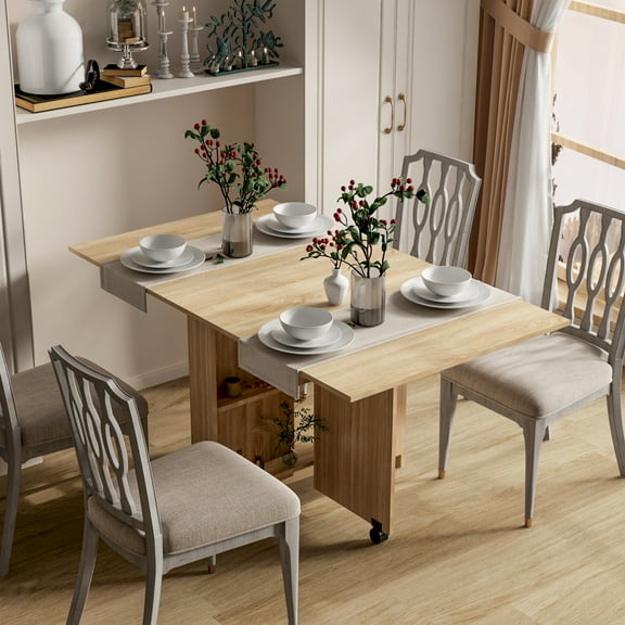 PORKISS Folding Dining Table, Space Saving Versatile Dining Room Table, Folding Kitchen Table with Wheels, Storage Shelf for Small Apartment, Wood (Only Table)