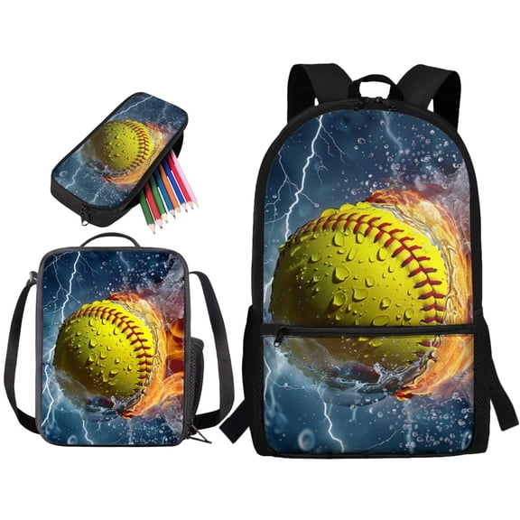 Tutolipy Water Softball Print Backpack for Boys, Large Capacity Students Bookbag Set with Lunch Bag and Pencil Case, Kids Teens School Backpack with Adjustable Shoulder Strap