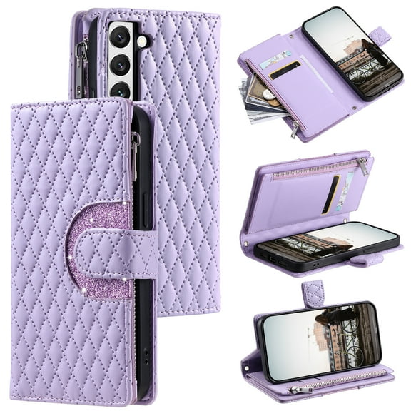 for Samsung Galaxy S22 Wallet Case with Card Holder & Kickstand & Wrist Strap, Flip Folio Book Style PU Leather Protective Cover with Crossbody Strap for Samsung Galaxy S22, Purple