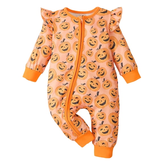 Weebloom Halloween Baby Boys Girls Pajamas Jumpsuit With Full Print Happy Pumpkin Design Center Zipper One Piece For Halloween Pjs Loungewear Sleepers Romper Onesie Orange 9-12 Months