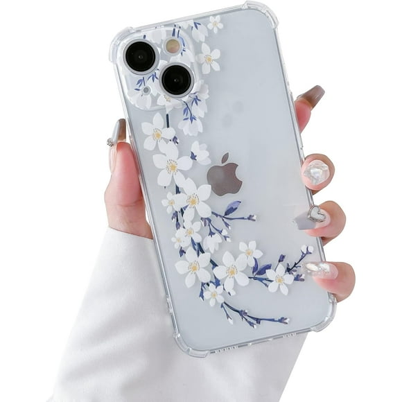 UTAH-Soft Case Compatible with iPhone 15, Clear Floral Flower Pattern Print Design Flexible TPU Shockproof Cover for Women Girls,Flower Protective Phone Case, White Pear Blossom