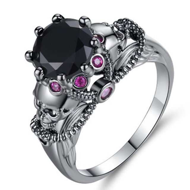 Conjunto de anillos de calavera con anillos de circonitas de colores y negros - Conjunto de anillos de diamantes de colores con calavera para mujer (2 piezas) Botao