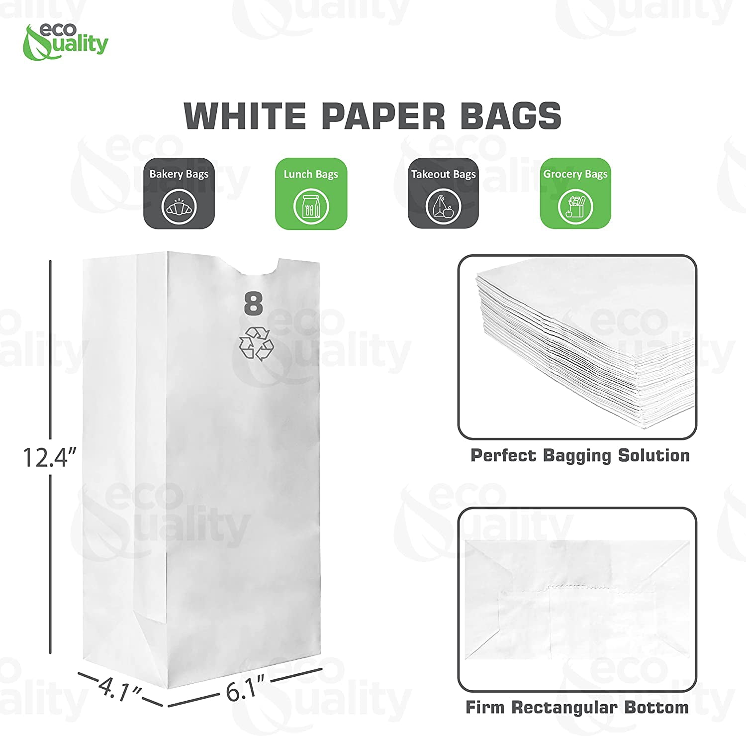 Paper Lunch Bags 8 Lb White Paper Bags 8LB Capacity - Kraft White Paper Bags, Bakery Bags, Candy Bags, Lunch Bags, Grocery Bags, Craft Bags - #8 Lunch Paper Bags by EcoQuality (2000, #8 - 8LB)