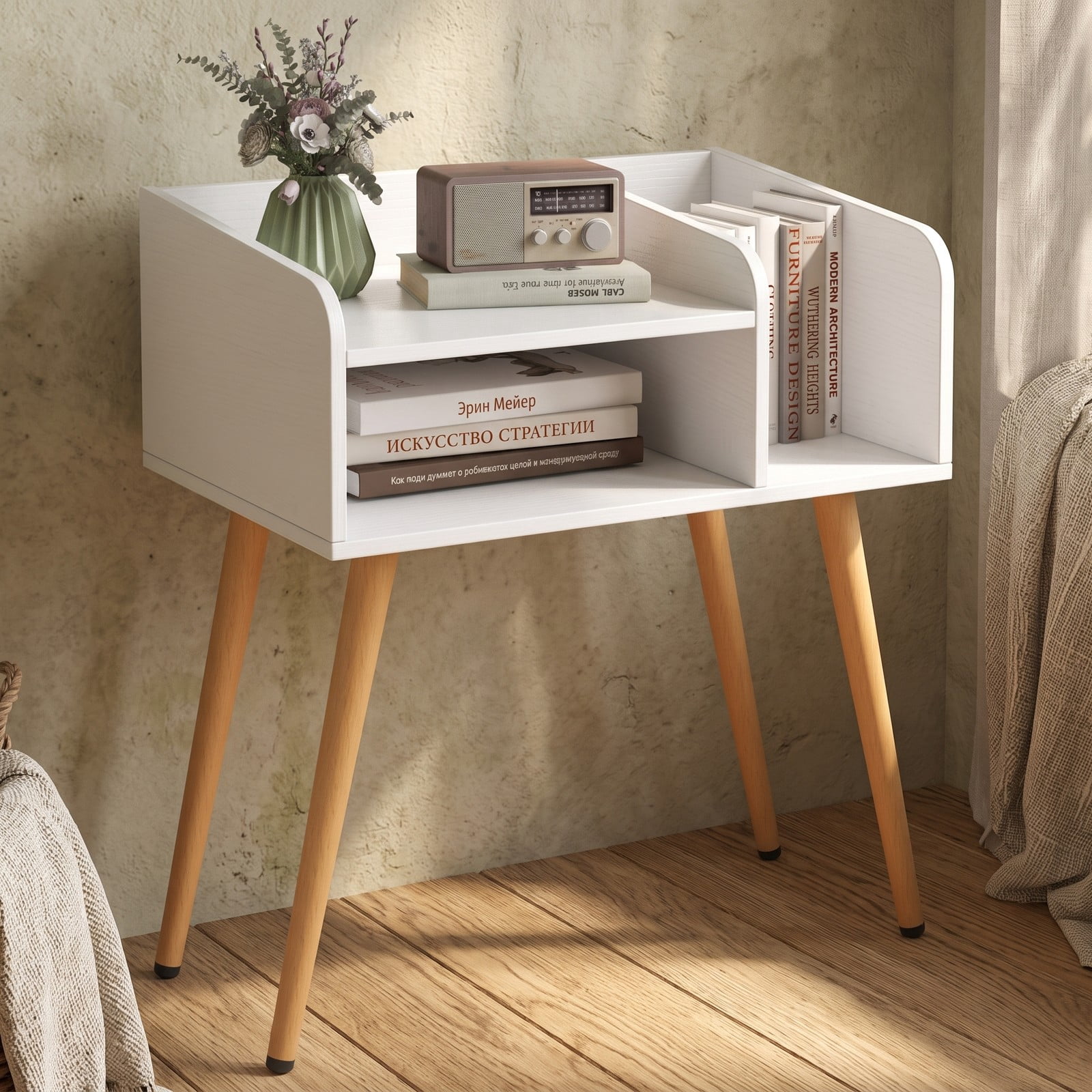 Furnibear Mid Century Modern Nightstand with Open Shelves and Wood Legs for Bedroom Living Room and Small Spaces as a Bedside End Table, White