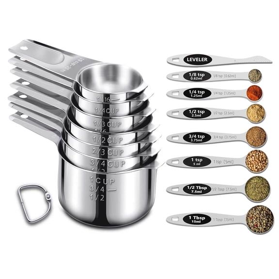 Minteem 15-Piece Stainless Steel Measuring Cups and Spoons Set, Black Spoon Handles for Measuring Dry or Liquid Ingredients