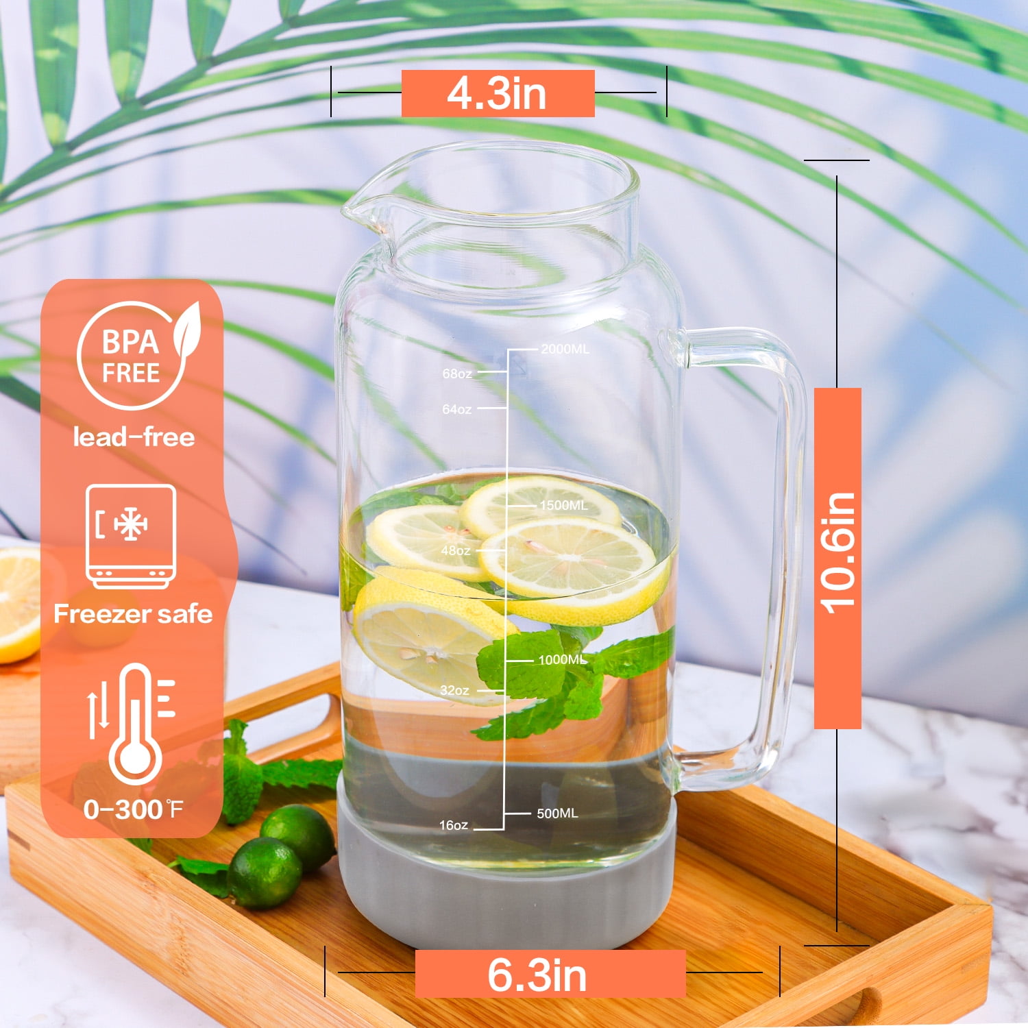 Aofmee 2L Glass Pitcher, 68oz Water Carafe with Handle and Lid, for Beverages Party Tea glass juice bottles, Gray