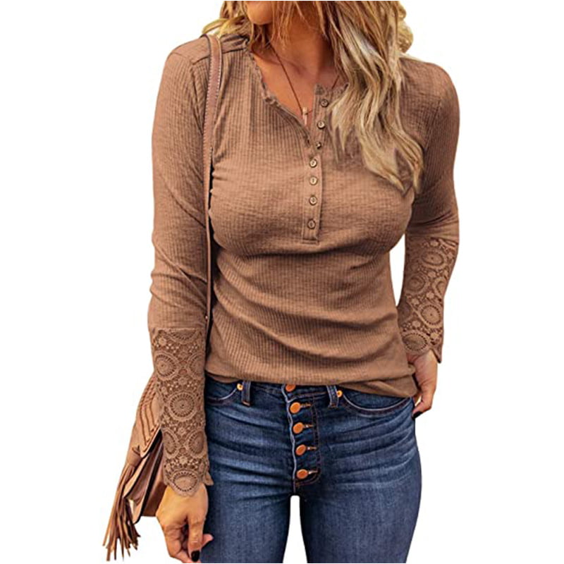 Foshow Women's Fall V Neck Ribbed Henley Tunic Tops Long Sleeve Button T Shirts Loose Casual Pullover Blouses