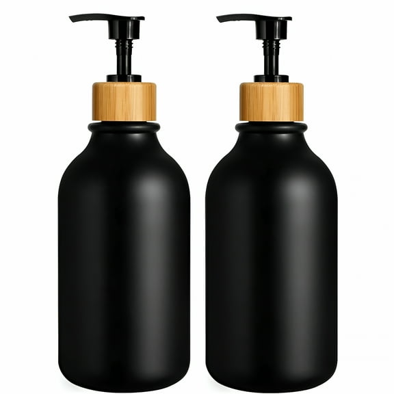 ACDANC 2 Pcs 16.9Oz Soap Dispenser Bottle, Bamboo Lid Soap Bottle with Anti-Rust Pump, Hand Soap Dispensers for Kitchen, Shampoo Lotion Black Plastic Soap Dispenser for Bathroom