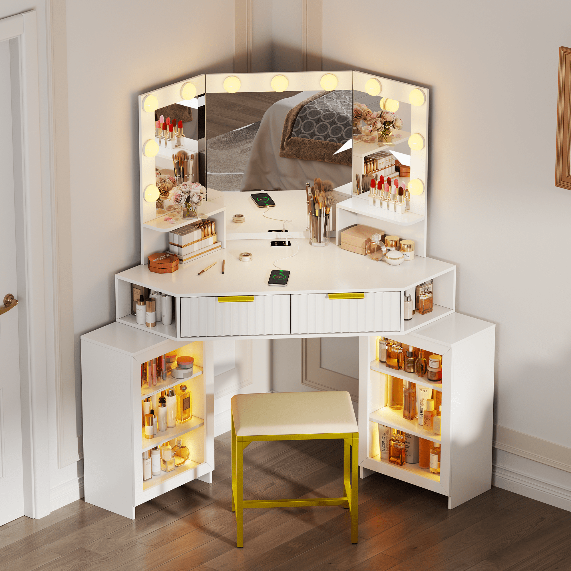 VKCC Retro Corner Vanity Desk Table with Ultra-Wide LED Mirror, Charging Station, Storage Drawers & Shelves, White