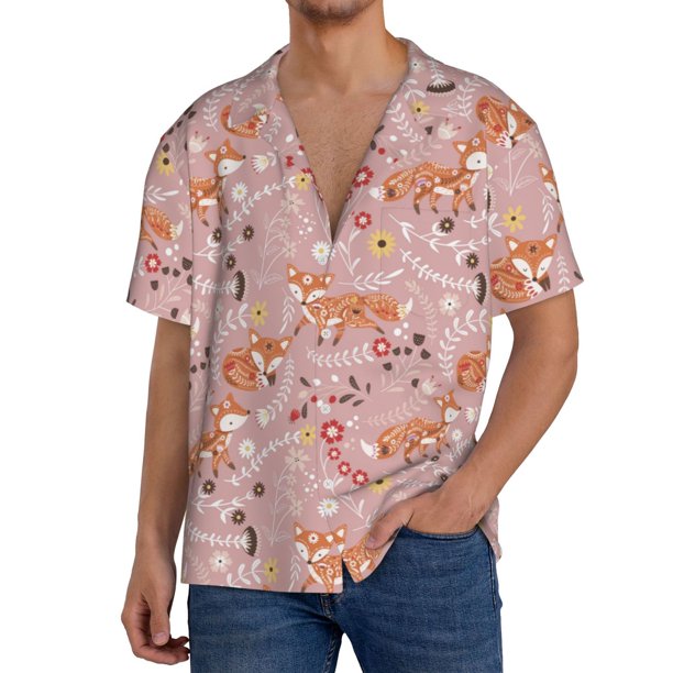 Balery Beautiful Fox Camisa Casual de Manga Corta con Botones para Hombre, Texturizada, Estilo Cubano, para Playa, Verano-Medium
