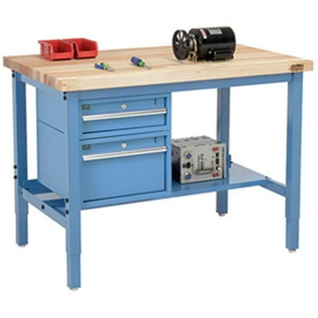 

96 x 36 in. Production Workbench - Maple Butcher Block Square Edge with Drawers & Shelf Blue