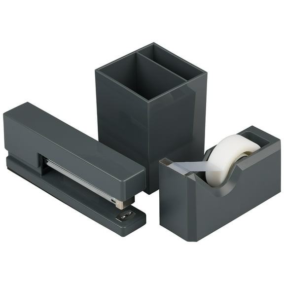 JAM Paper Desk Trio Pack, Grey, Stapler, Tape Dispenser & Pen Holder, 3/Pack