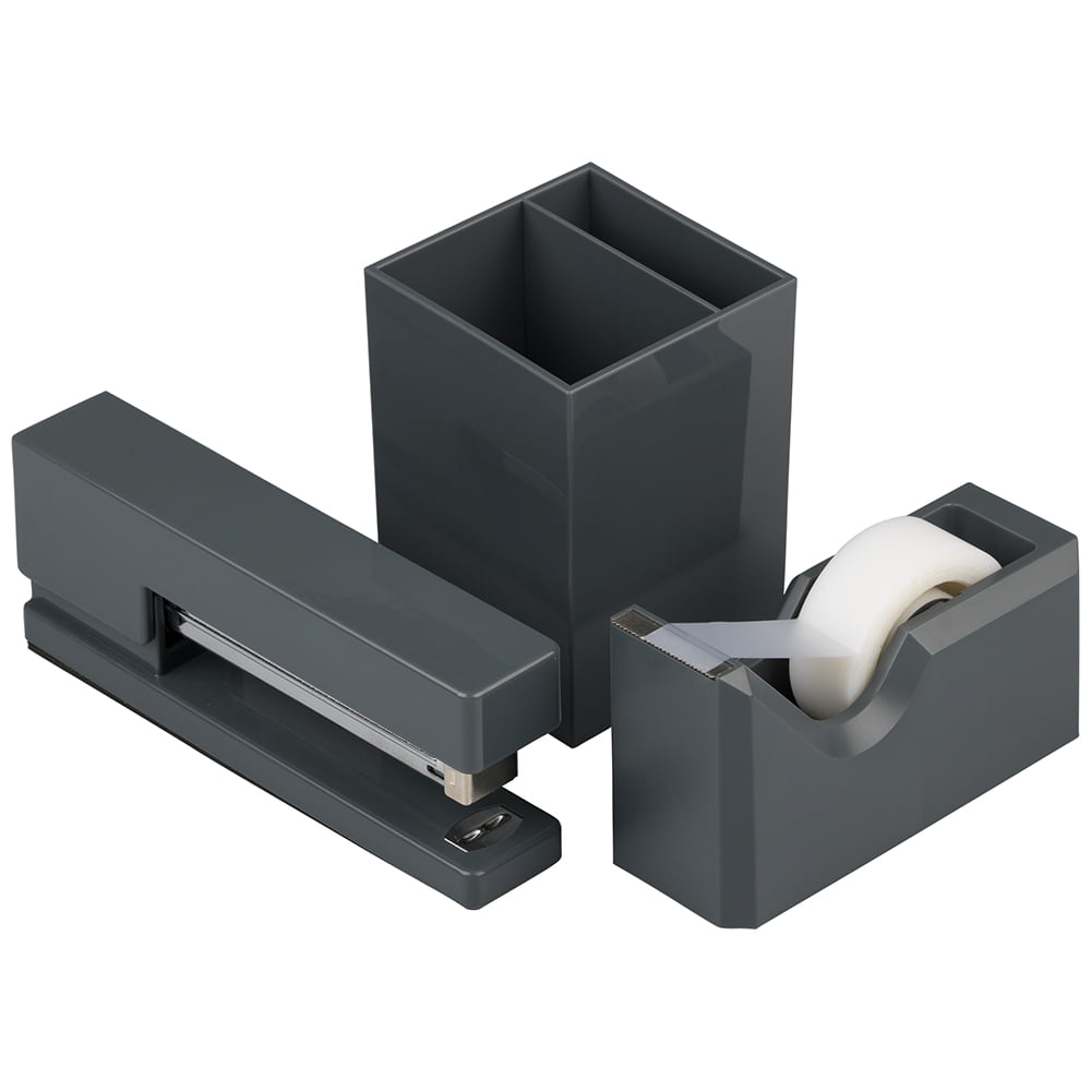 JAM Desk Trio Pack, Grey, Stapler, Tape Dispenser & Pen Holder, 3/Pack