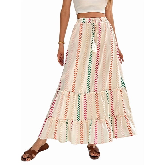 Women'S Color Block Skirt Elastic Waist Bohemian Patchwork Midi Skirt Casual Summer Maxi L