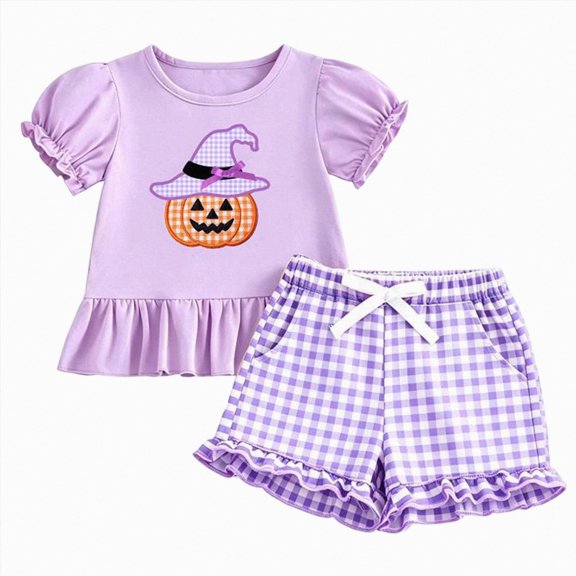 mgoYE Halloween Outfit Toddler Baby Girl Pumpkin Ruffle T-shirt Plaid Shorts Set(Purple,6-12 Months)