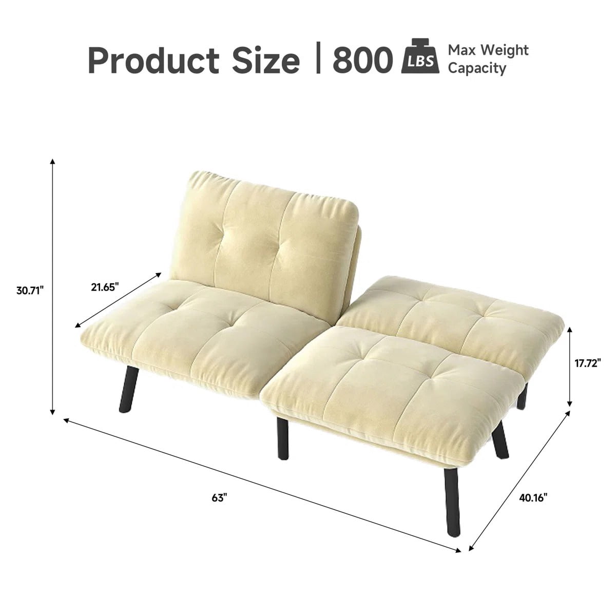 Aukfa 3-in-1 Velvet Futon Sofa Bed, 63" Sleep Sofa with Split 5-Position Backrests, Beige