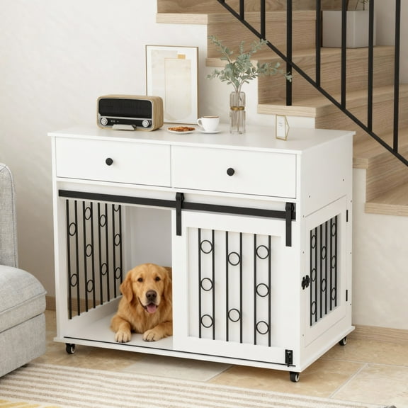 imerelez 39.37'' Modern Wooden Dog Crate Furniture with Double Drawers and Sliding Barn Door, Decorative Pet Kennel End Table with Lockable Wheels, Stylish Dog Cage for Small to Medium Dogs – White
