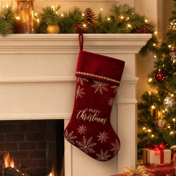 Yhmxh Velvet Christmas Stocking, 19 Inch Large Xmas Stocking with Golden Snowflake Embroidery & Merry Christmas Lettering, Hanging Plush Cuff Stocking for Fireplace Mantel Christmas Home Decor